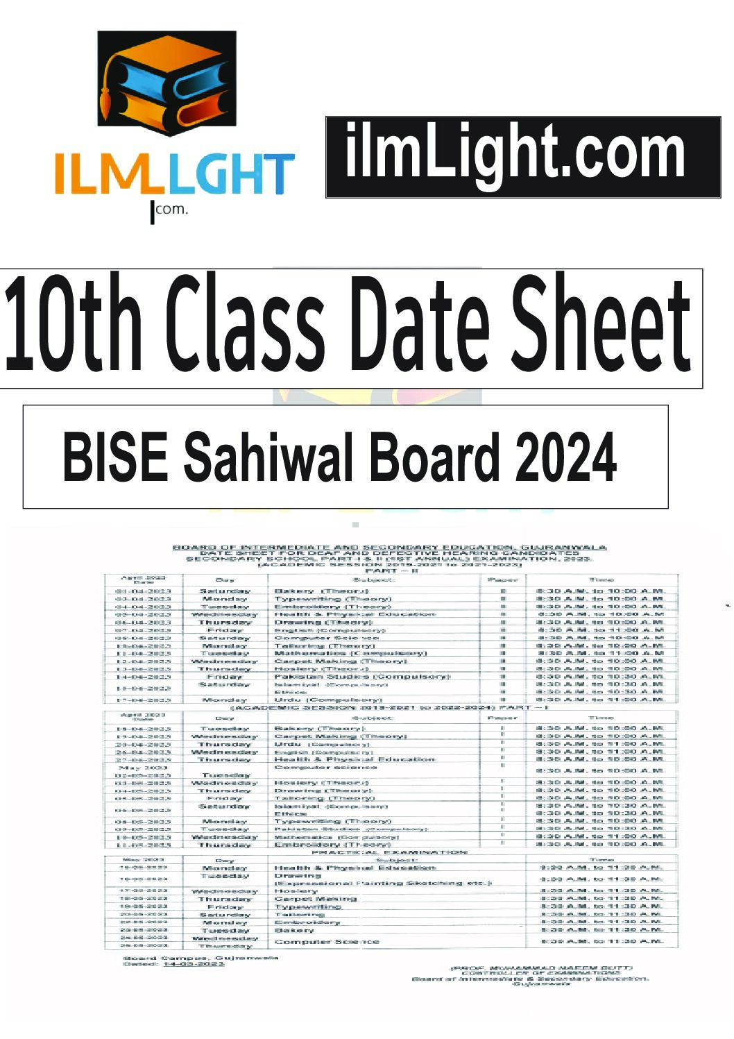 10th Class Date Sheet Bise Sahiwal Board 2024